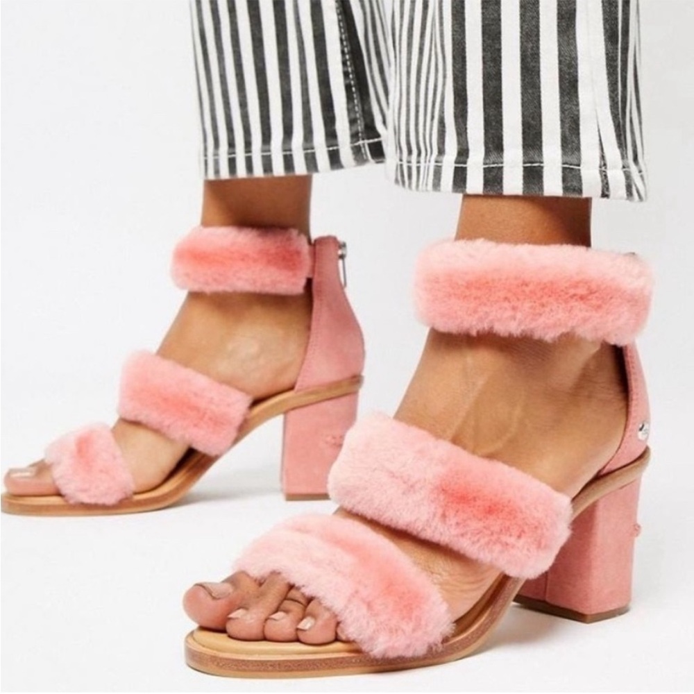 UGG “Del Rey” Lantana Pink Fluff Straps Block Heel Sandals
